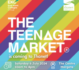 Diagonal rainbow striped background White text: The Teenage Market is coming to Thanet. Saturday 6 July 2024. 10am to 4pm. The Centre, Margate. Top left corner EKC Group white and logo. Top right corner, Thanet District Council white logo