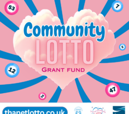 Community Lotto Grant Fund - pink heart made of a cloud with blue sun rays on a pale pink background. Overlaid with small circles that represent lottery balls.