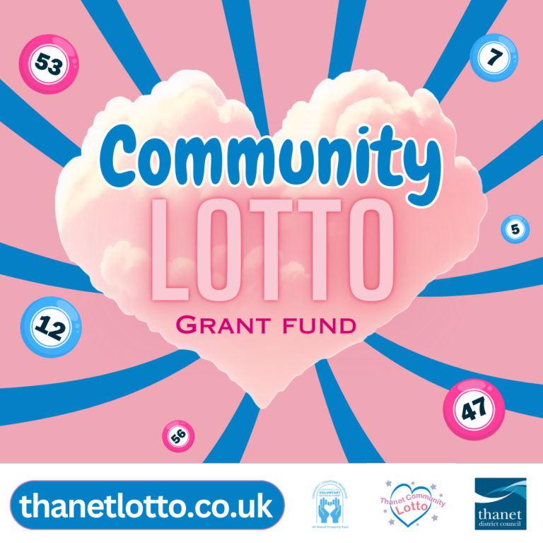 Community Lotto Grant Fund - pink heart made of a cloud with blue sun rays on a pale pink background. Overlaid with small circles that represent lottery balls.