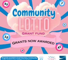 Community Lotto Grant Fund - pink heart made of a cloud with blue sun rays on a pale pink background. Overlaid with small circles that represent lottery balls.