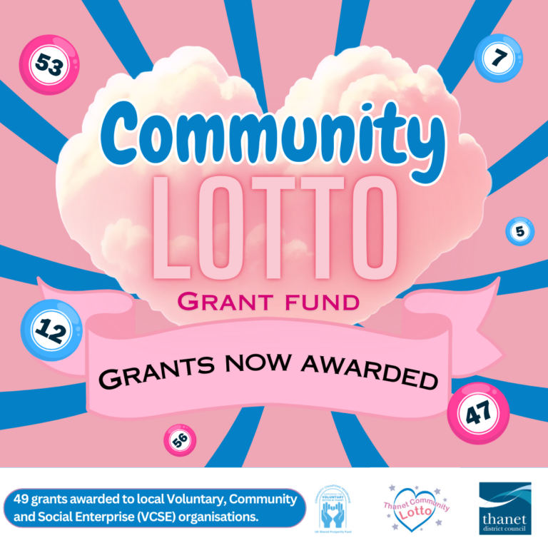 Community Lotto Grant Fund - pink heart made of a cloud with blue sun rays on a pale pink background. Overlaid with small circles that represent lottery balls.