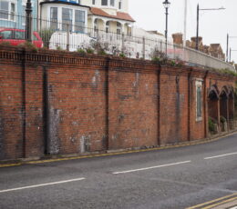 A section of brick wall on the Royal Esplanade, Ramsgate, after graffiti has been removed.