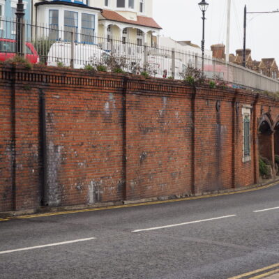 A section of brick wall on the Royal Esplanade, Ramsgate, after graffiti has been removed.